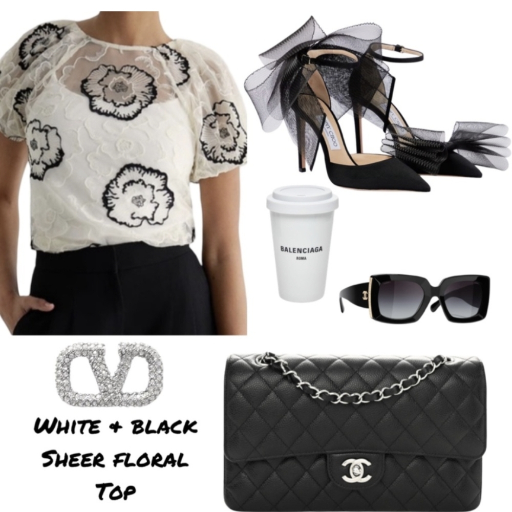 Laundry by Shelli Segal White & Black Floral Sheer Embroidered Top